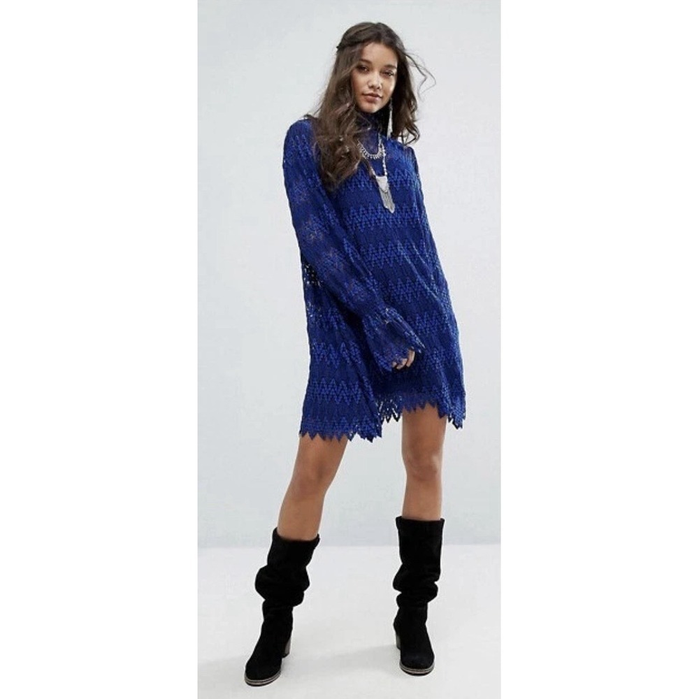 Free People Simone Lace Mock Neck Bell Sleeve Mini Dress Women's Size Medium